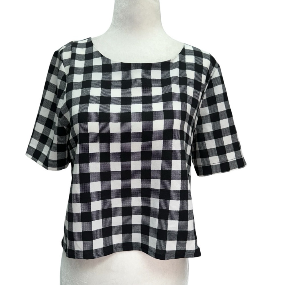 Sanctuary Black White Windowpane print Sleeve Blouse Top Size XS